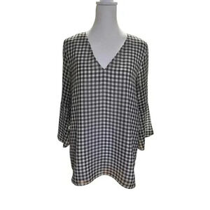 Calvin Klein Size Small Blouse Black Grey‎ White Gingham Sheer 3/4 Sleeve